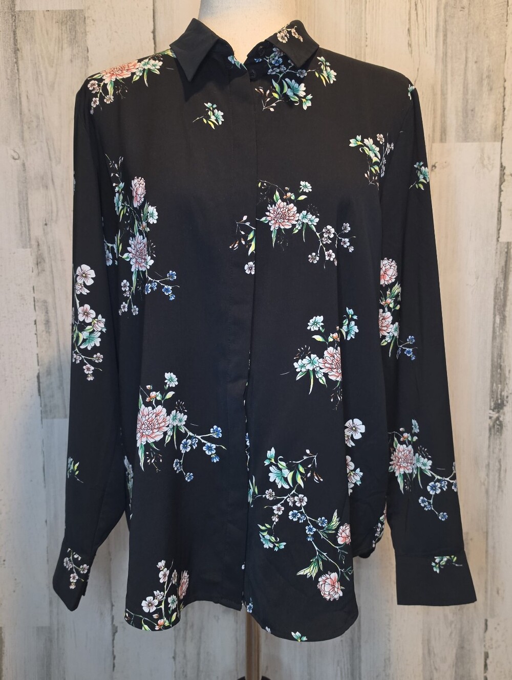 H&M Women 10 Black Floral Button Down Blouse Long Sleeve Cottagecore Boho